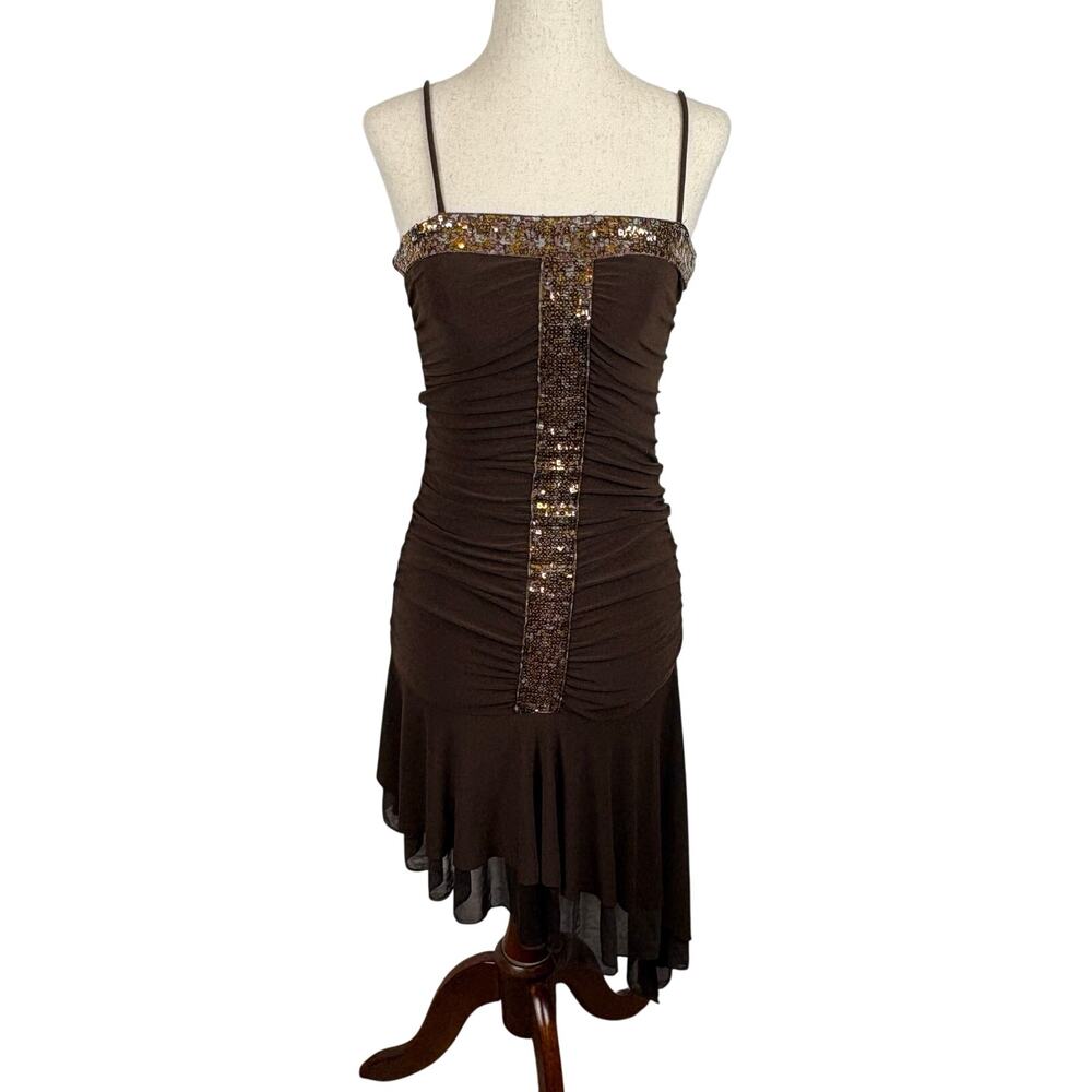 Vintage Y2K Wink Brown Sequin Dress Asymmetrical Spaghetti Strap Whimsigoth M
